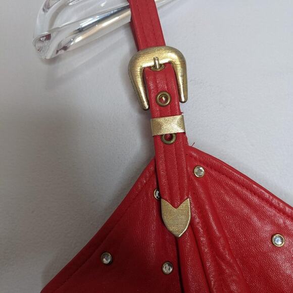 L.A. Roxx Vintage Red Leather Mini Dress Studded Rhinestone 80's RARE Size L - Picture 9 of 12